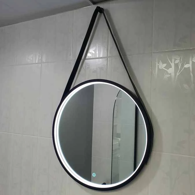 Granton 600 Round Matt Black Bluetooth Bathroom Mirror With Leather Strap - Highlife Bathrooms 2 Granton 600 Round Matt Black Bluetooth Bathroom Mirror With Leather Strap - Highlife Bathrooms - Image 2