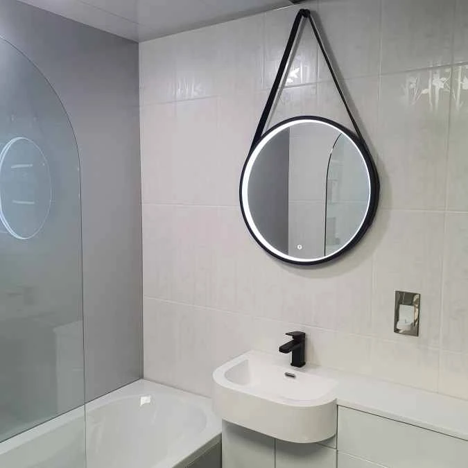 Granton 600 Round Matt Black Bluetooth Bathroom Mirror With Leather Strap - Highlife Bathrooms 4 Granton 600 Round Matt Black Bluetooth Bathroom Mirror With Leather Strap - Highlife Bathrooms - Image 4