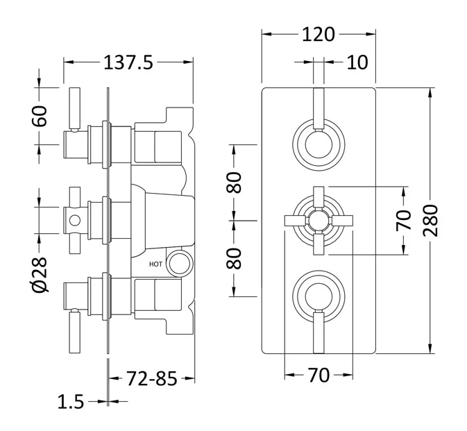 Tec Pura Plus Brushed Brass Concealed Thermostatic Triple Shower Valve With Diverter - Hudson Reed A8023 2 Tec Pura Plus Brushed Brass Concealed Thermostatic Triple Shower Valve With Diverter - Hudson Reed A8023 - Image 2