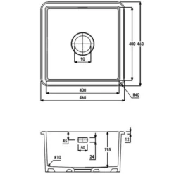 Abode Sandon 1 Bowl Ceramic Undermount / Inset Kitchen Sink - White 5 Abode Sandon 1 Bowl Ceramic Undermount / Inset Kitchen Sink - White -Roman Sales AW1030 Line Drawing