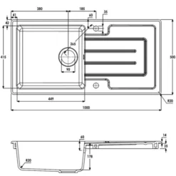 Abode Acton 1 Bowl & Drainer Ceramic Inset Kitchen Sink - White -Roman Sales AW1040 Line Drawing