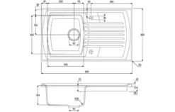 Abode Milford 1 Bowl & Drainer Ceramic Inset Kitchen Sink - White -Roman Sales AW1042 Line Drawing