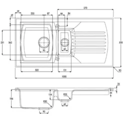 Abode Milford 1.5 Bowl & Drainer Ceramic Inset Kitchen Sink - White -Roman Sales AW1043 Line Drawing
