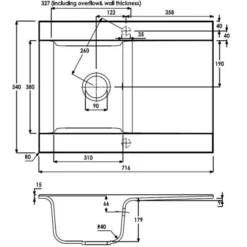 Abode Aspekt 1 Bowl & Drainer Granite Inset Kitchen Sink - White 5 Abode Aspekt 1 Bowl & Drainer Granite Inset Kitchen Sink - White -Roman Sales AW3001 Line Drawing 1