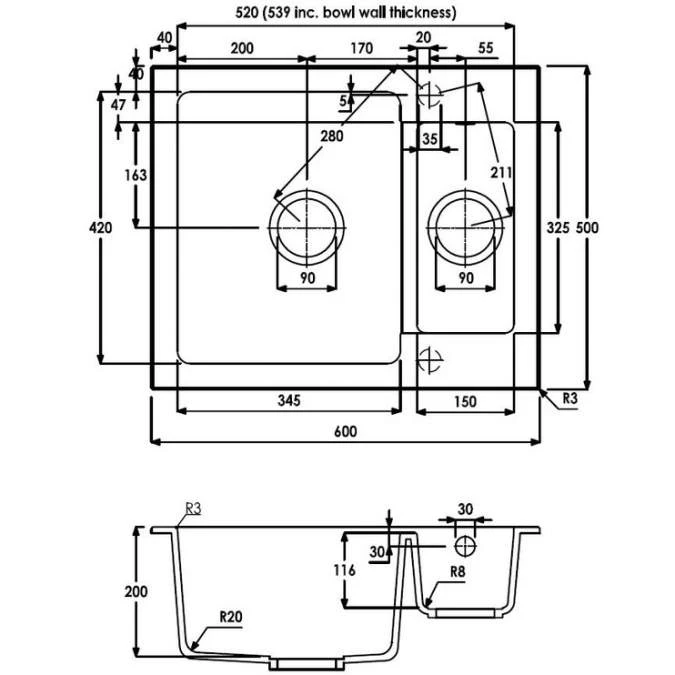 Abode Zero 1.5 Bowl Granite Inset Kitchen Sink - Black Metallic 4 Abode Zero 1.5 Bowl Granite Inset Kitchen Sink - Black Metallic - Image 4