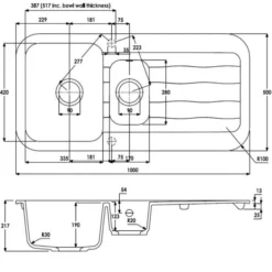 Abode Dune 1.5 Bowl & Drainer Granite Inset Kitchen Sink - Black 5 Abode Dune 1.5 Bowl & Drainer Granite Inset Kitchen Sink - Black -Roman Sales AW3142 Line Drawing