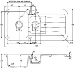 Abode Dune 1.5 Bowl & Drainer Granite Inset Kitchen Sink - White -Roman Sales AW3143 Line Drawing