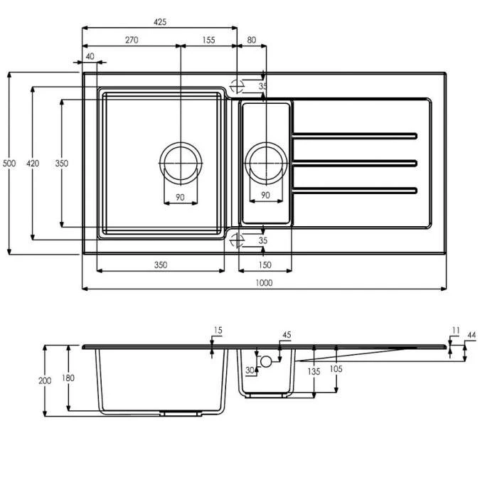 Abode Xcite 1.5 Bowl & Drainer Granite Inset Kitchen Sink - Grey Metallic 3 Abode Xcite 1.5 Bowl & Drainer Granite Inset Kitchen Sink - Grey Metallic - Image 3