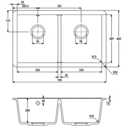 Abode Matrix Square GR15 2 Bowl Granite Undermount Sink - Black Metallic -Roman Sales AW3165 LD
