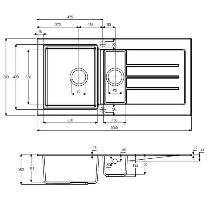 Abode Xcite 1.5 Bowl & Drainer Granite Inset Kitchen Sink - Black Metallic 3 Abode Xcite 1.5 Bowl & Drainer Granite Inset Kitchen Sink - Black Metallic - Image 3