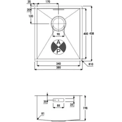 Abode Matrix R0 Square 1 Bowl Undermount Kitchen Sink - Stainless Steel 340mm 5 Abode Matrix R0 Square 1 Bowl Undermount Kitchen Sink - Stainless Steel 340mm -Roman Sales AW5008 Line Drawing