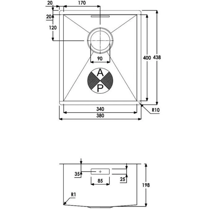 Abode Matrix R0 Square 1 Bowl Undermount Kitchen Sink - Stainless Steel 340mm 3 Abode Matrix R0 Square 1 Bowl Undermount Kitchen Sink - Stainless Steel 340mm - Image 3
