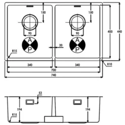 Abode Matrix R15 2 Bowl Undermount / Inset Kitchen Sink - Stainless Steel 700mm 5 Abode Matrix R15 2 Bowl Undermount / Inset Kitchen Sink - Stainless Steel 700mm -Roman Sales AW5123 Line Drawing