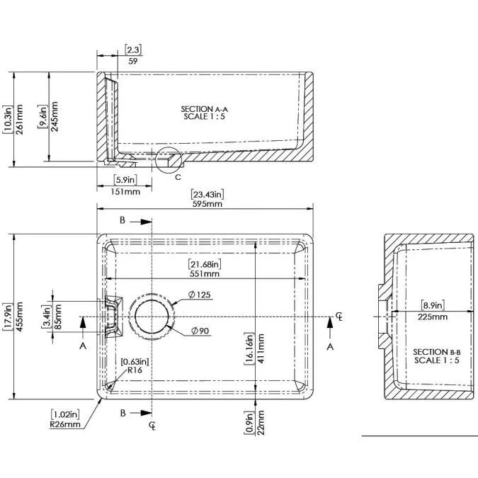 NUIE Belfast Fireclay Sink 595 X 455 X 254mm 2 NUIE Belfast Fireclay Sink 595 X 455 X 254mm - Image 2