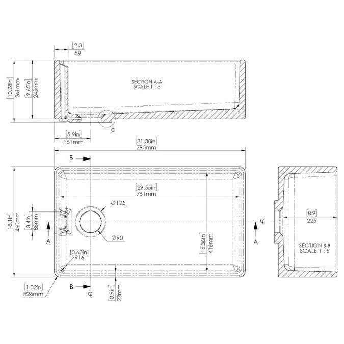 NUIE Belfast Fireclay Sink 795 X 460 X 245mm 2 NUIE Belfast Fireclay Sink 795 X 460 X 245mm - Image 2