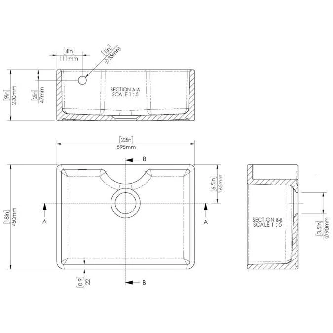 NUIE Butler Fireclay Sink With Central Waste, Overflow And Tap Ledge 595 X 450 X 220mm 2 NUIE Butler Fireclay Sink With Central Waste, Overflow And Tap Ledge 595 X 450 X 220mm - Image 2