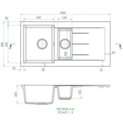 Prima+ Black Granite 1.5 Bowl Inset Kitchen Sink 9 Prima+ Black Granite 1.5 Bowl Inset Kitchen Sink -Roman Sales CPR322 Line Drawing