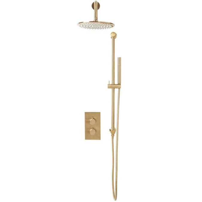 Scudo Core Brushed Brass Round Handle, Head & Handset Riser Shower Kit 1 Scudo Core Brushed Brass Round Handle, Head & Handset Riser Shower Kit