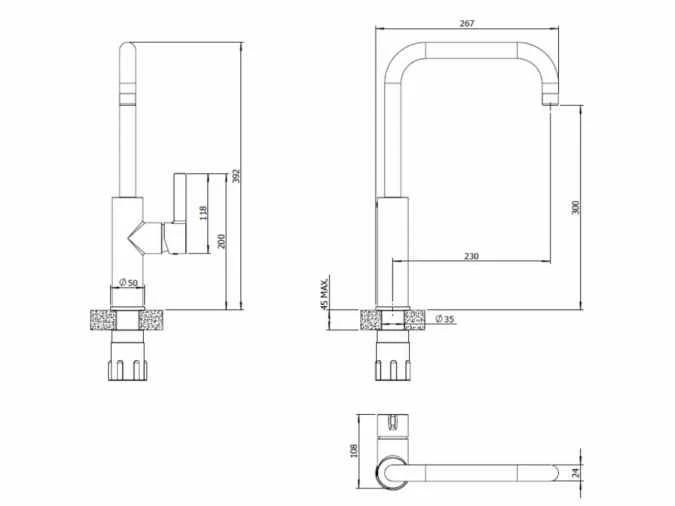 Jeroni Horizontal Copper Kitchen Mixer Tap - 1 Handle Square - Francis Pegler 2 Jeroni Horizontal Copper Kitchen Mixer Tap - 1 Handle Square - Francis Pegler - Image 2