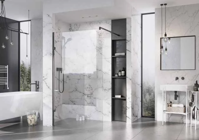 Roman Liberty 957mm Matt Black Wetroom Panel With Clear Glass Corner 3 Roman Liberty 957mm Matt Black Wetroom Panel With Clear Glass Corner - Image 3