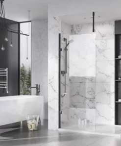 Roman Liberty 757mm Matt Black Wetroom Panel With Clear Glass Corner
