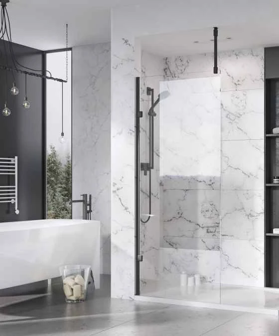 Roman Liberty 757mm Matt Black Wetroom Panel With Clear Glass Corner 1 Roman Liberty 757mm Matt Black Wetroom Panel With Clear Glass Corner