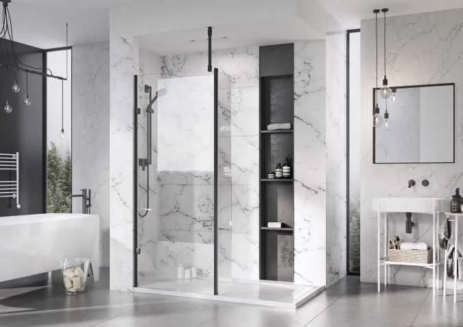 Roman Liberty 1057mm Matt Black Wetroom Panel With Clear Glass Corner - Image 3