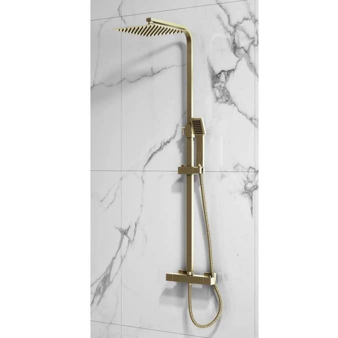 Elliott Square Brushed Brass Dual Head Exposed Thermostatic Shower With Metal Fixed Head 2 Elliott Square Brushed Brass Dual Head Exposed Thermostatic Shower With Metal Fixed Head - Image 2