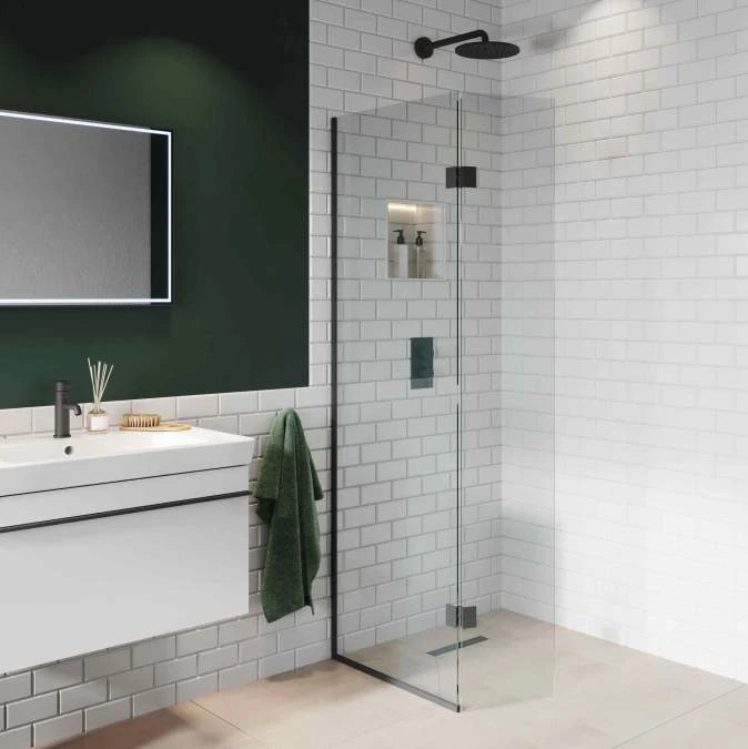 Abacus Walk In Shower Screen 700mm With Matt Black Hinged Return 350mm 1 Abacus Walk In Shower Screen 700mm With Matt Black Hinged Return 350mm