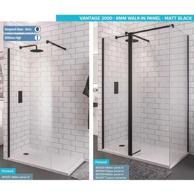 Vantage 8mm, 300mm Matt Black Walk In Shower Screen - Eastbrook 2 Vantage 8mm, 300mm Matt Black Walk In Shower Screen - Eastbrook - Image 2